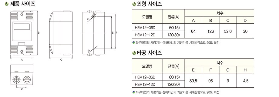 제품 · 외형 · 타공 사이즈 — 좌우타입의 계량기는 상하타입의 계량기를 시계방향으로 90도 회전